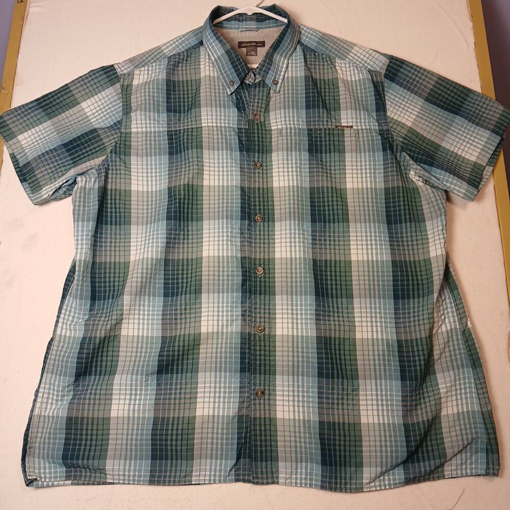 Eddie Bauer Shirt Men's 2XL Short Sleeve Blue Nylon Blend Fishing Button Down